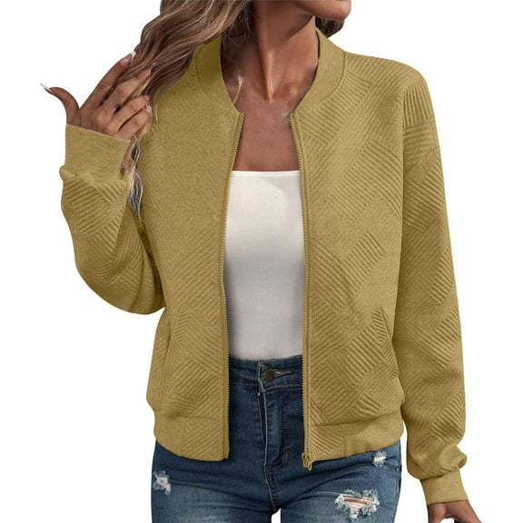 AURORA DY Under $15 Bomber Jacket Women Varsity Casual Zip Up Lightweight 2025 Fall Fashion Short Outerwear with Pockets Khaki M