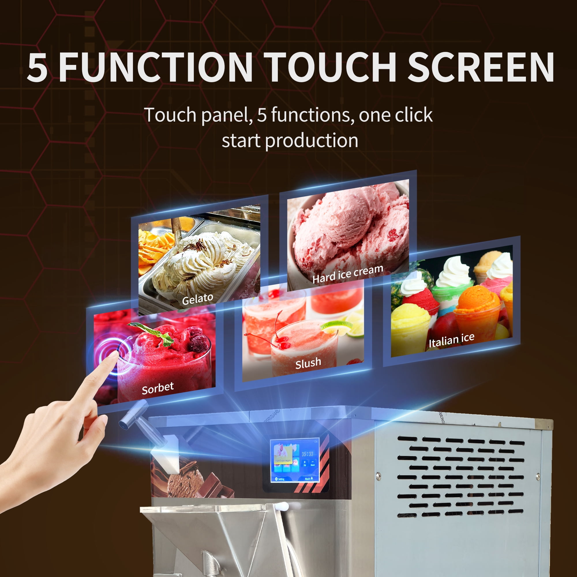 Mvckyi Gelato Ice Cream Machine, 12L 13 Gal/H Hard Ice Cream Maker Commercial, Batch Freezer Italian Ice Maker, 5 inch Touch Control Pane