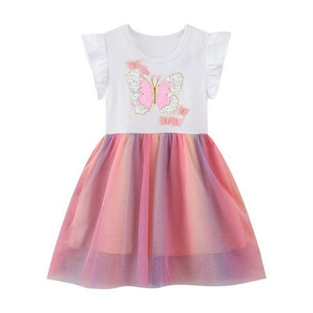 

BSDHBS Dresses for Girls Girls Floral Dress Butterfly Short Sleeve Pleated Casual Lace Dresses Pink Butterfly Gradient Dress for Kids 2 To 7 Years