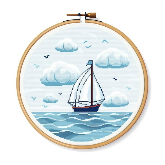 Cartoon Simple Figure Sailboat 11CT Stamped Cross Stitch Kits with Hoop Easy for Beginners Child Needlepoint Counted Embroidery Kits Art Craft Wall Decor 12x12IN(7)