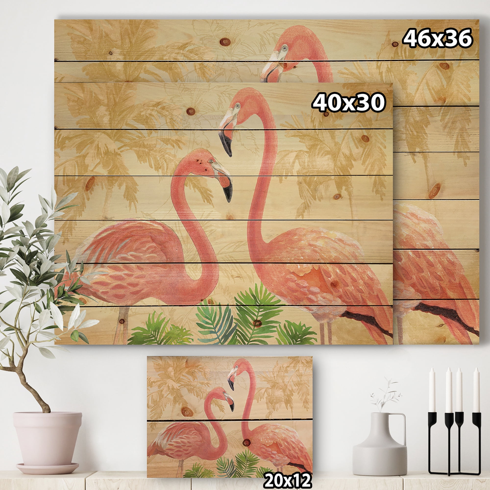 Designart 'Gold Glam Flamingos' Animals Print on Natural Pine Wood