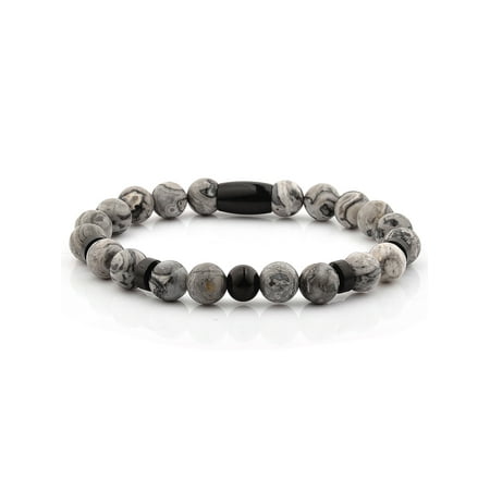 - Jasper Stone Black Plated Stainless Steel Beaded Bracelet (8mm)