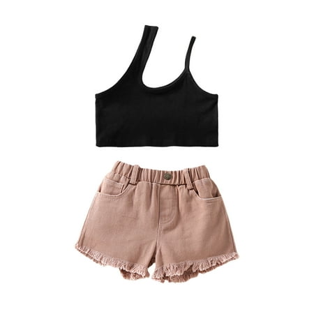 

JYYYBF Kids Baby Girls Summer Shorts Set Slanted Neck Sleeveless Solid Color Vest Tops Denim Shorts Casual 2Pcs Outfits