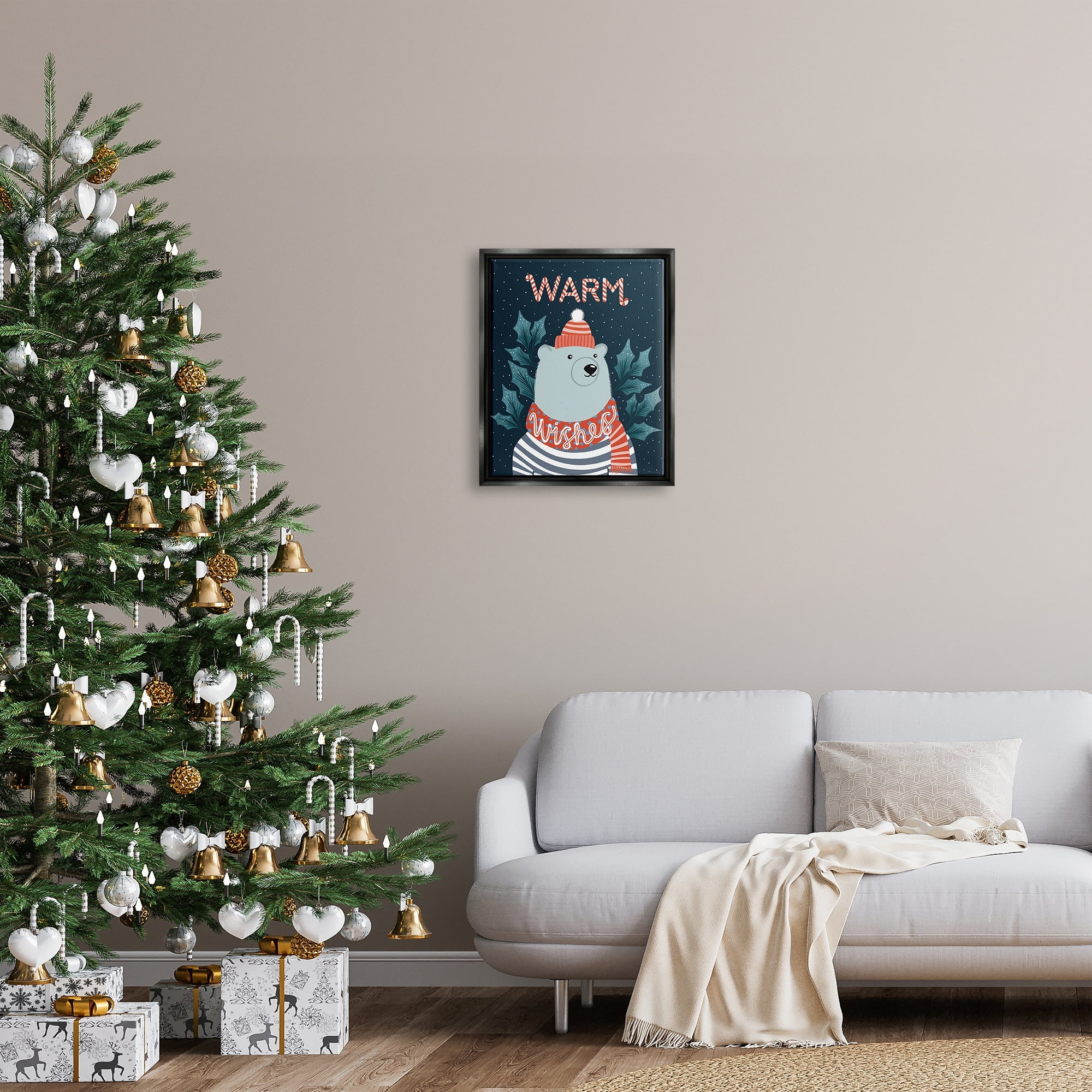 Stupell Industries Warm Wishes Cozy Polar Bear Seasonal Typography Graphic Art Jet Black Floating Framed Canvas Print Wall Art, Design by Dominika Godette