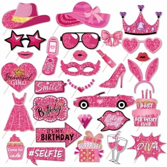 30pcs Birthday Photo Booth Props Kit, Princess Theme Selfie Props Party Decorations,Hot Pink Happy Birthday Party Favors Supplies for Girls Women$$Home Decor, Kitchen, & Other