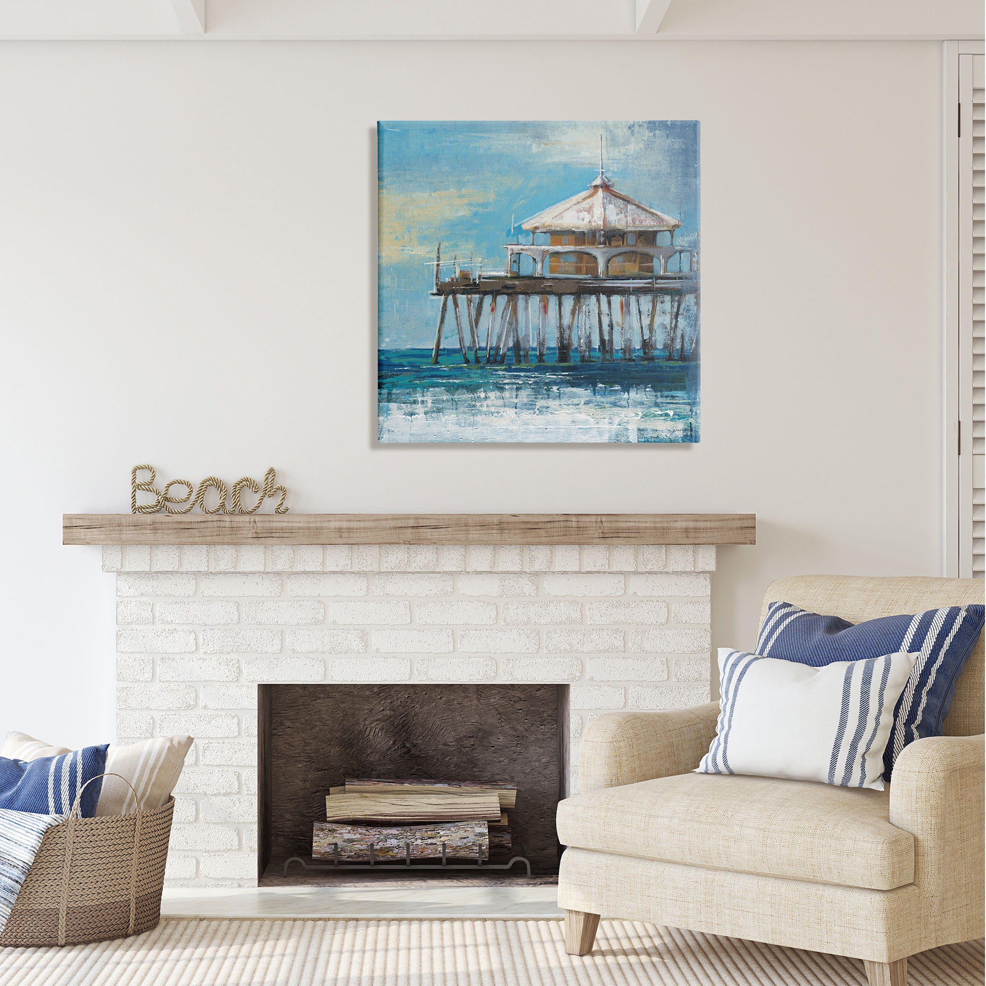 Stupell Industries Ocean Pier Painting Nature Painting Gallery Wrapped Canvas Print Wall Art, 30 x 30