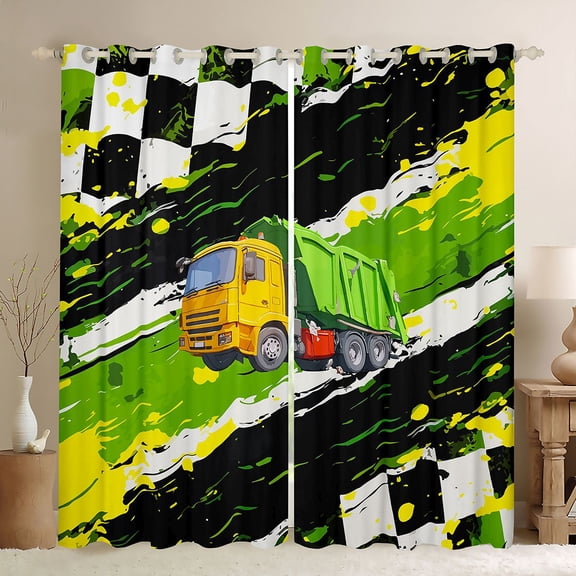 Castle Fairy Grunge Garbage Truck Black Out Curtains for Boys, Race-Inspired Dump Truck Curtains Pack of 2 (42x63 Each) for Bedroom, Green Yellow