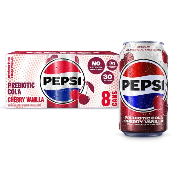 Pepsi Prebiotic Cola Soda Pop, Cherry Vanilla, 12 fl oz, 8 pack cans LIMITED EDITION