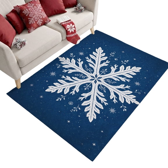 White Intricate Snowflake Washable Area Rug 3 x 5 ft Vintage Christmas Ice Crystals Blue Soft Non‑Slip Rugs Stain Repellent Indoor Mats for Entry Foyer, Apartment Living Corner Dining Nook