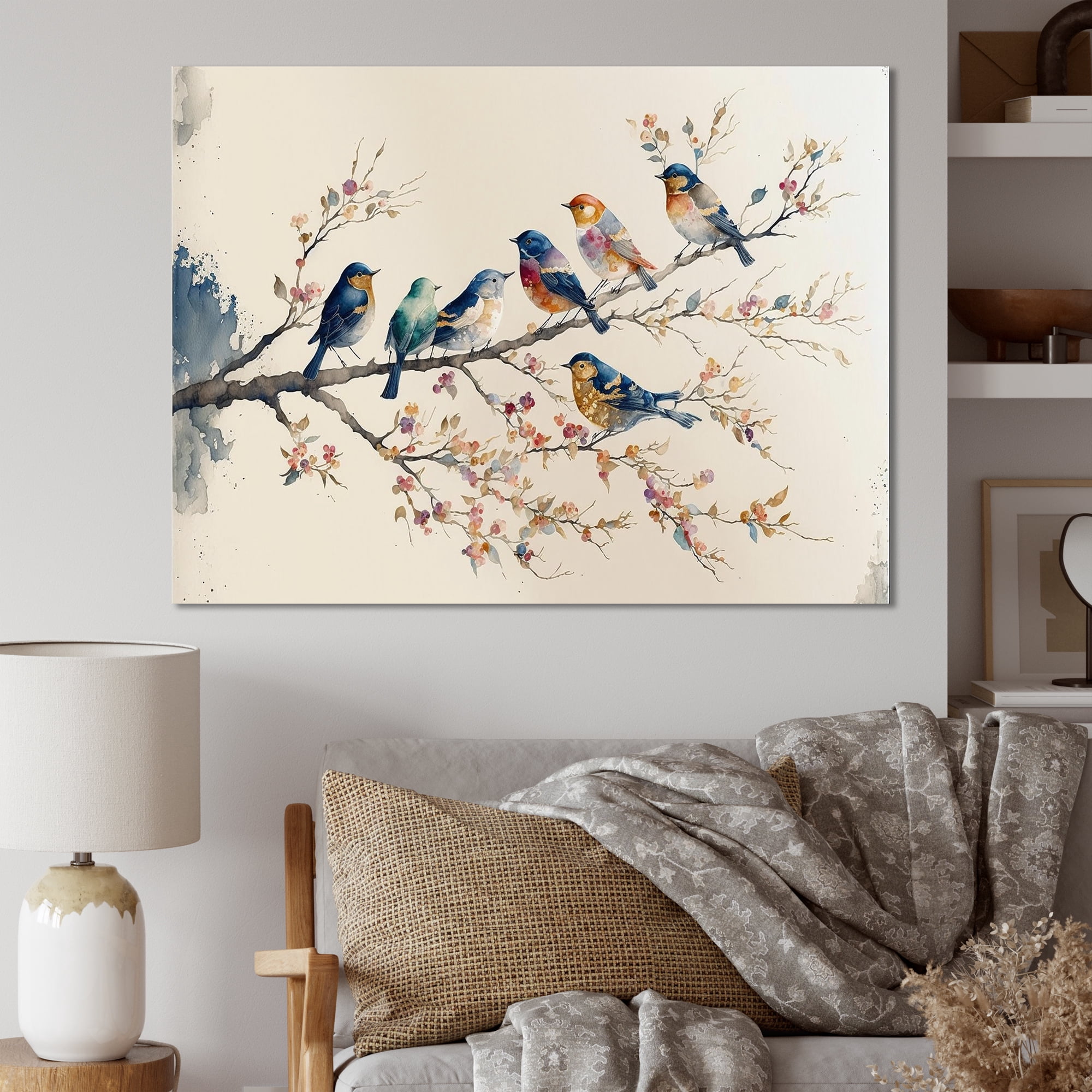 Designart Multicolor Birds On Plum Blossoms Tree VIII Canvas Wall Art