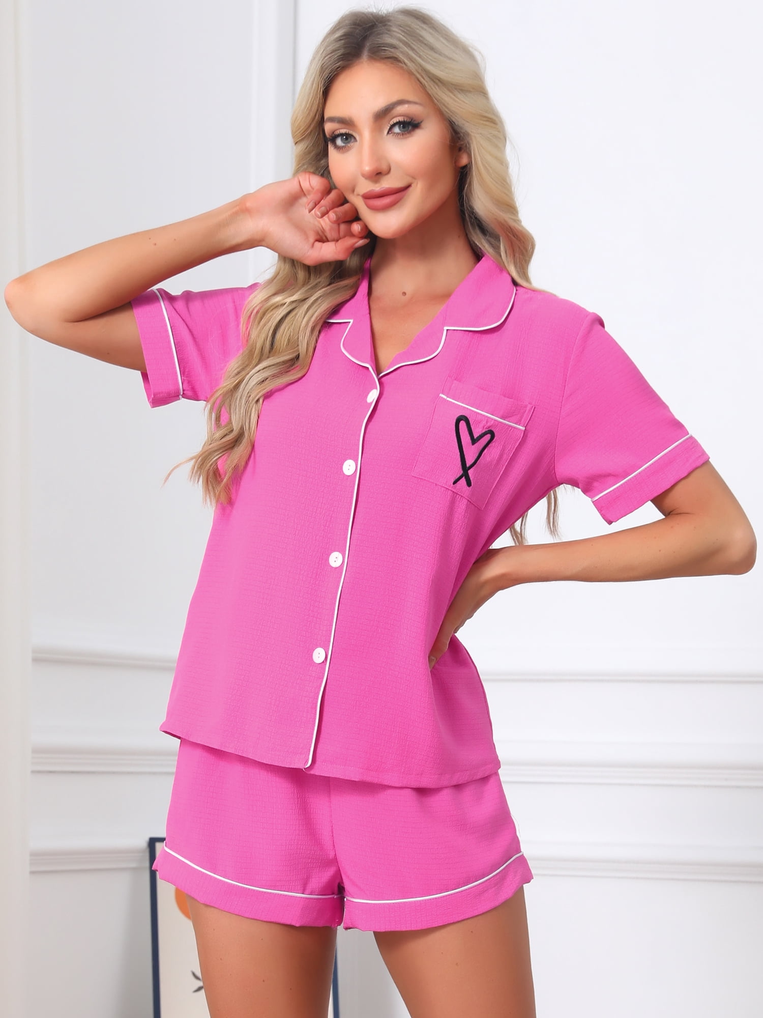 DARING DIVA Women's Pajama Set Heart Print Short Sleeve Button Down Shirt XL Hot Pink