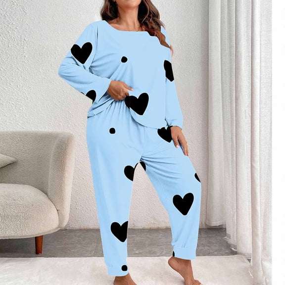 AUNVITO Women's Plus Size Valentine's Day Print Long Sleeve Pajama Set Casual Comfortable Loungewear Soft and Stretchy Fabric