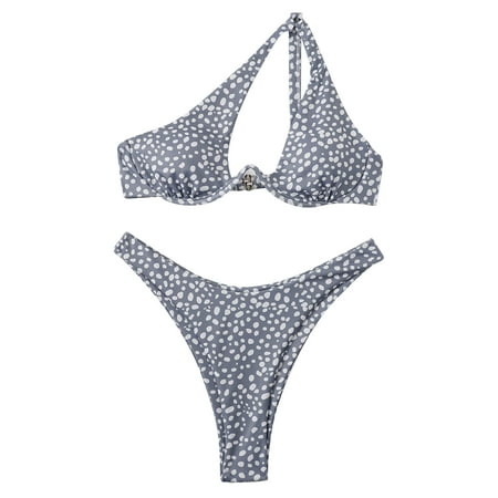 Jjayotai No Boundaries Womens One Shoulder Bikini  Dot Print High Waisted Cheeky Thong Swimwear  Two Pieces Bathing Suit  Women s Swimsuits 2025 Gray~ M