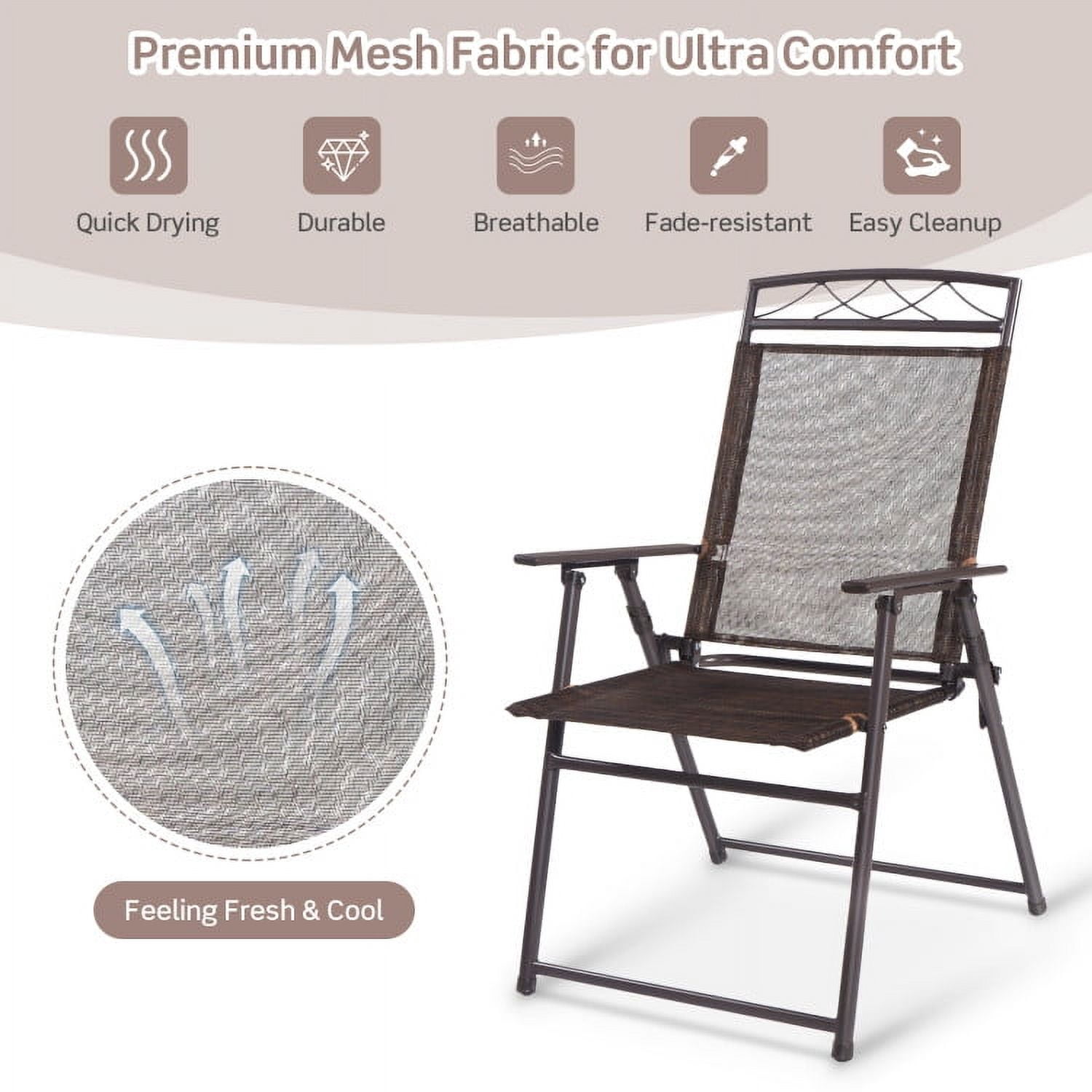 GVN Set of 4 Patio Folding Sling Chairs Steel Camping Deck, Outdoor Furniture Chairs for Backyard, Porch, Garden, Poolside