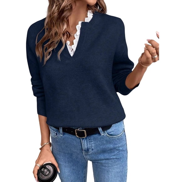 Female V Neck Sweater Casual Long Sleeve Ribbed Knit Pullover Sweaters Dressy Casual Tops Navy Blue L