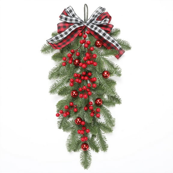 LanSuare Christmas Swag, 23.6Inch Artificial Teardrop Swag Wreaths with Red Berry Red Bow Xmas Ball, Christmas Pine Branch Teardrop Door Swag Decor for Xmas Front Door