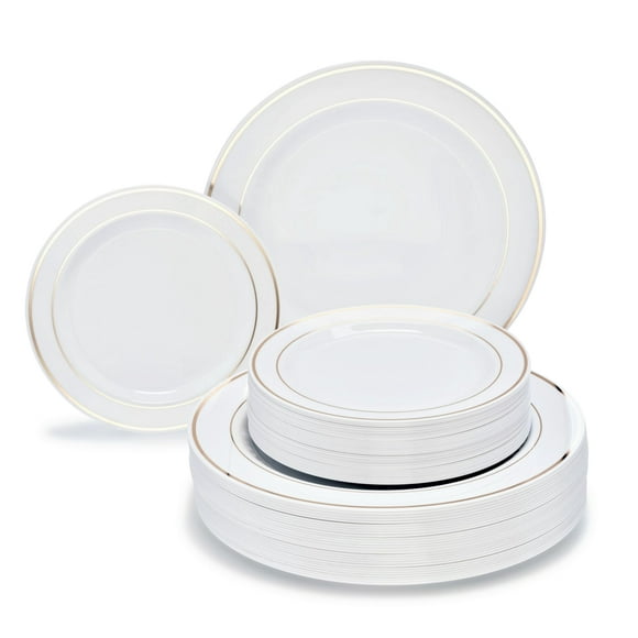 " OCCASIONS " Lot de 60 Assiettes, Assiettes en Plastique Jetables Lourdes pour Mariage et Fête (Assiette de 10,5 Po, Bord Blanc et Or)