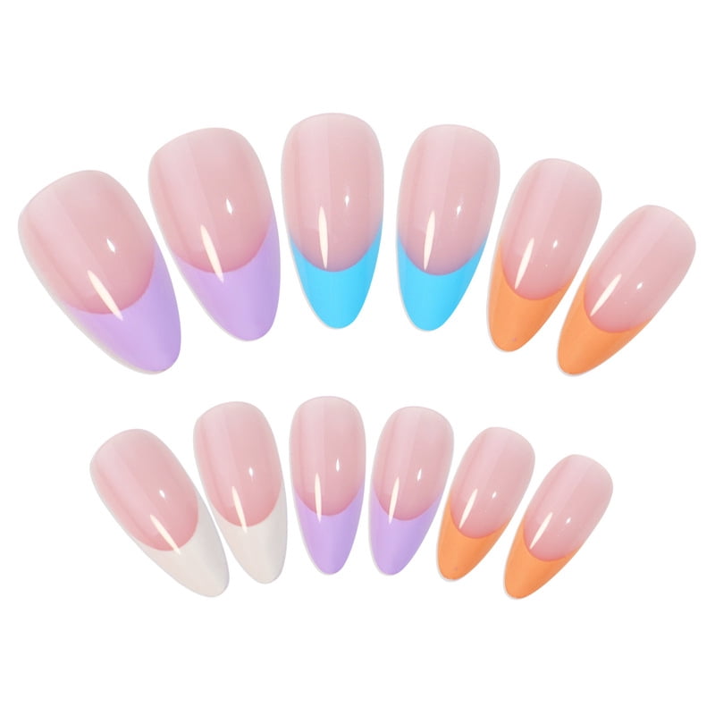 24Pcs Rainbow nail art multi-color fake nail French tip  long almond press on nail