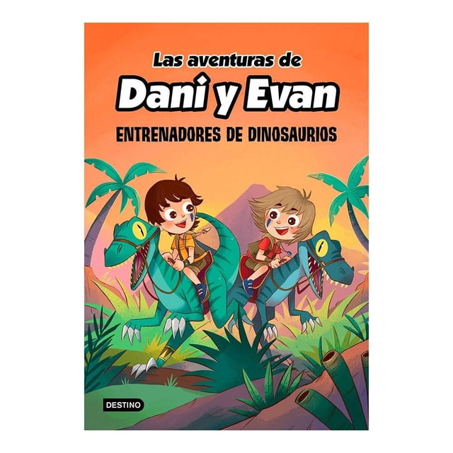 Las aventuras de Dani y Evan 3. Entrenadores de dinosaurios Destino es un libro infantil que muestra a dos niños montando velociraptores azules en un paisaje selvático con palmeras y montañas, ideal para jóvenes lectores interesados en aventuras y dinosaurios, y adecuado para fomentar la imaginación y el aprendizaje.