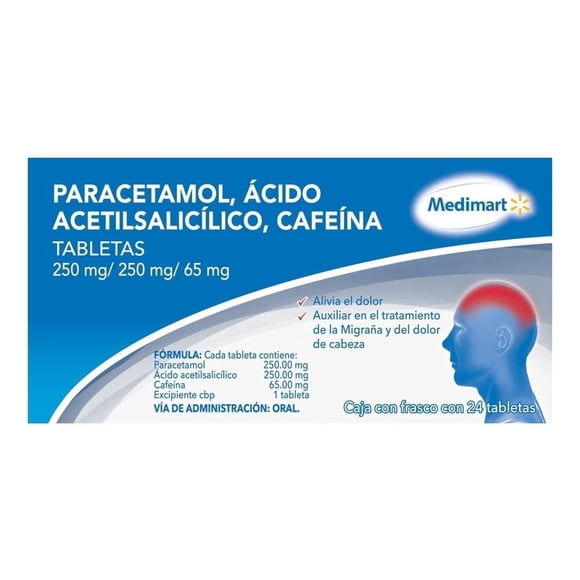 Paracetamol, Ácido Acetilsalicílico, Cafeína Medimart 250 mg/250 mg/65 mg, 24 tabletas