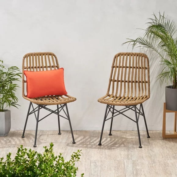Enloe Light Brown Rattan Outdoor Dining Chairs (Set of 2) - Modern Patio Seating with Iron Frame & X-Frame Support for Porch, Deck, or Garden