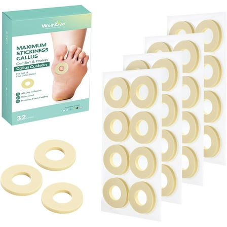 Welnove Corn Cushions for Toes - 32 Count Callus Cushions with Water-Resistant Self-Stick Adhesive, Provide Cushioning and Reduce Pain from Corns Rubbing, Protects Foot and Toes（Beige, 32 Count）