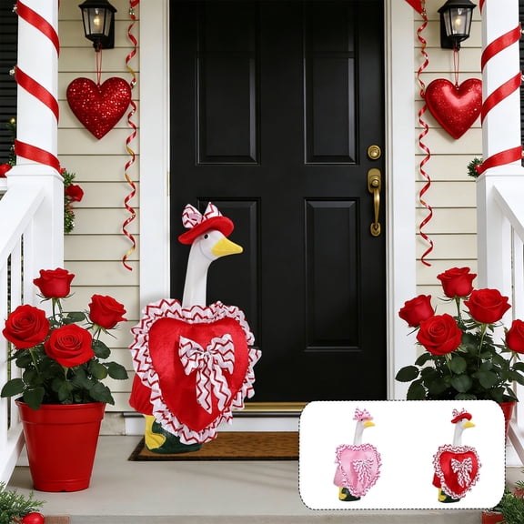 AYktou Valentine's Day Porch Geese Outfits 23 Inch High Cement Goose Heart Pattern Bows Accessories Duck Statue Dresses Garden Decoration for Valentines & St. Patrick & Easter Yard Lawn Decoration