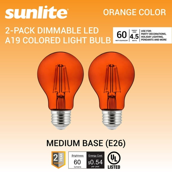 Sunlite LED Filament A19 Orange E26 Base 4.5W (60W Equivalent) Dimmable Light Bulb, 2 Count