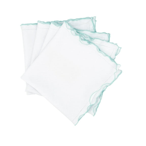 Linen Napkins With Green Scalloped Hemstitch Edges, Set of 4