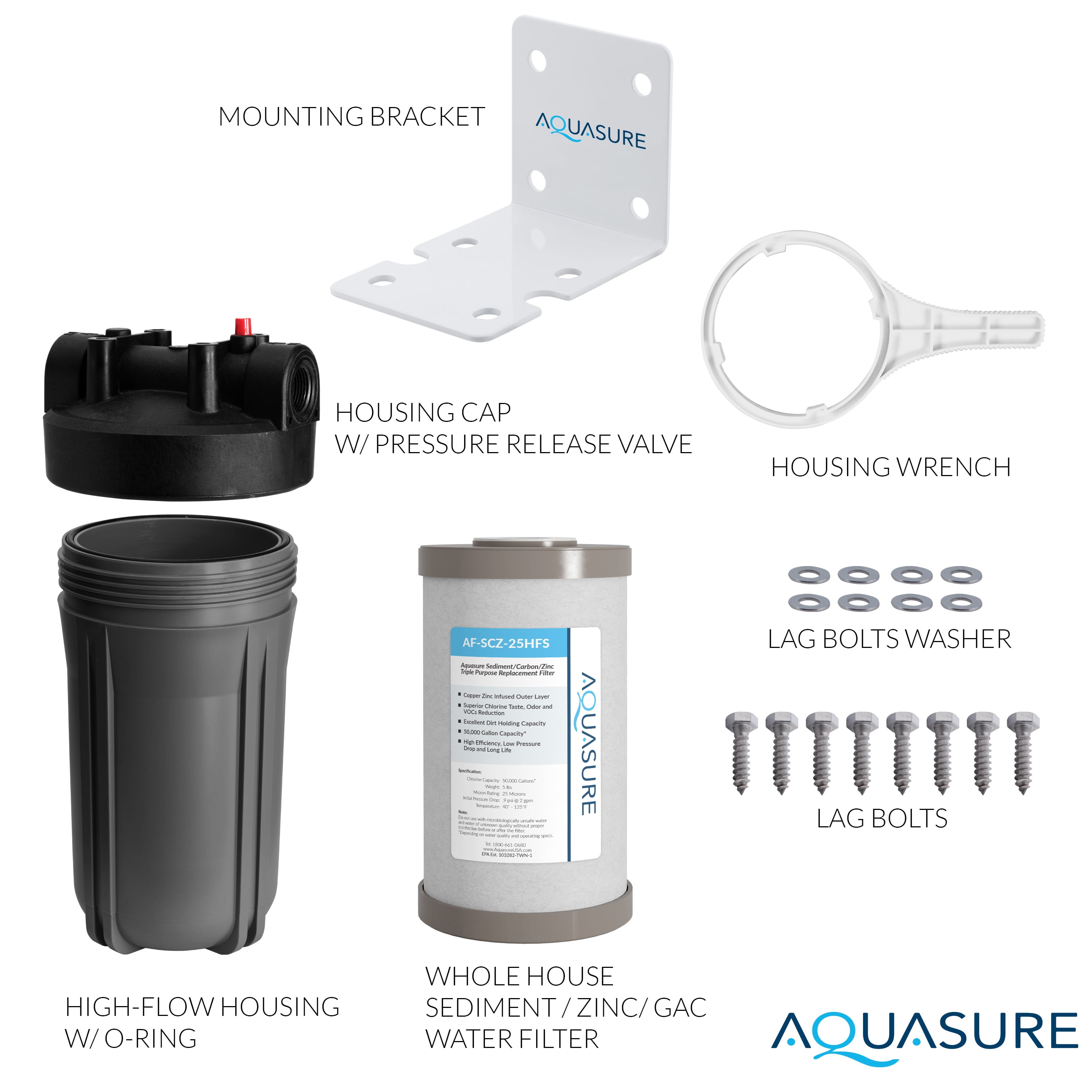 Aquasure Fortitude V2 Series Triple Purpose Sediment/Carbon/Zinc Bacteria Inhibiting Water Treatment Filter System, Small Size (AS-FS-25SCZ)