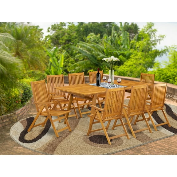 HomeStock Mediterranean Mingle 9-Pc Outdoor Dining Table Set- 8 Folding Arm Chairs For Outside Slatted Back And Patio Table And Rectangle Top With Wood 4 Legs - Natural Oil Finish