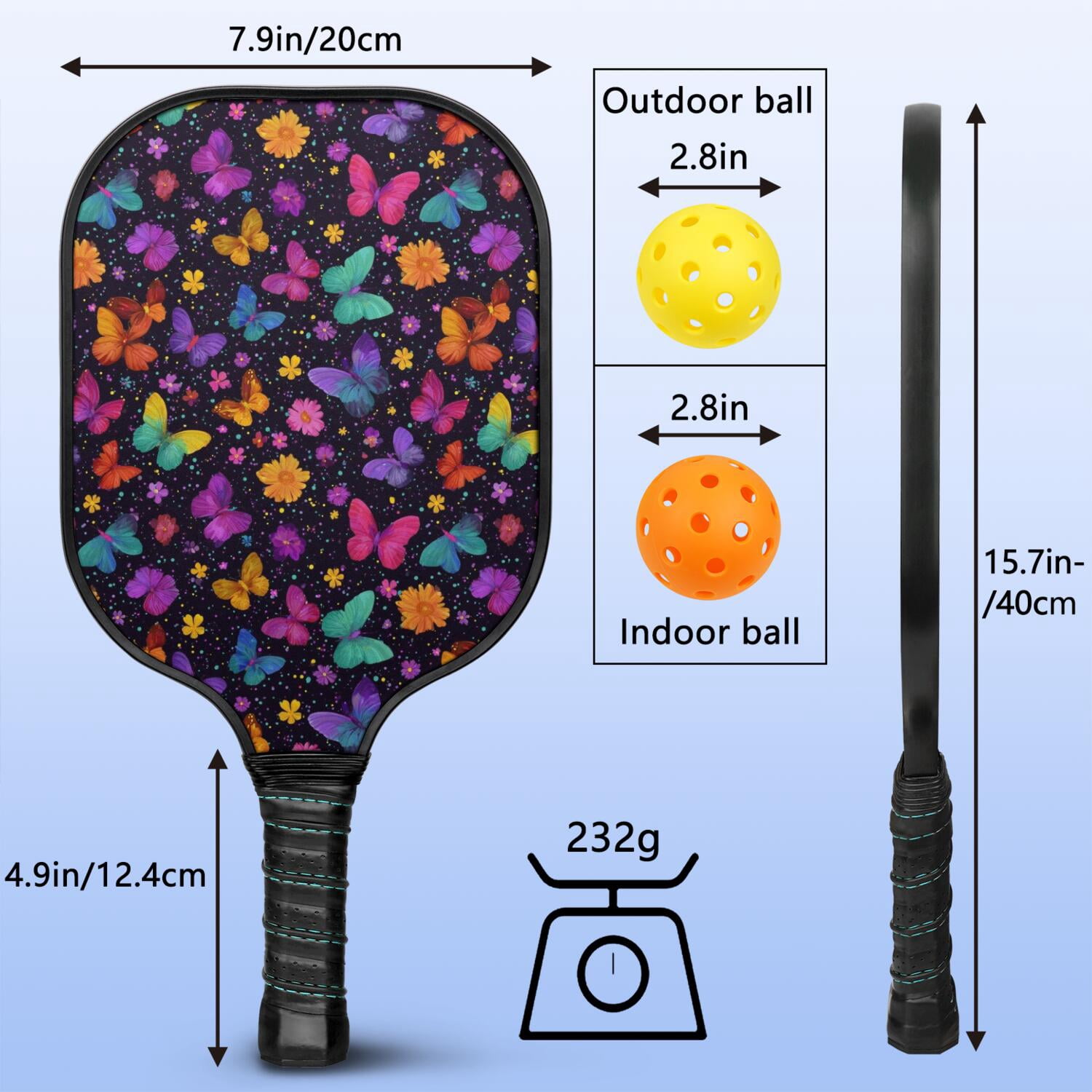 Pickleball Paddles Set Of 2, Fiberglass Surface, Butterfly, Spring Print, 4 Balls & Bag