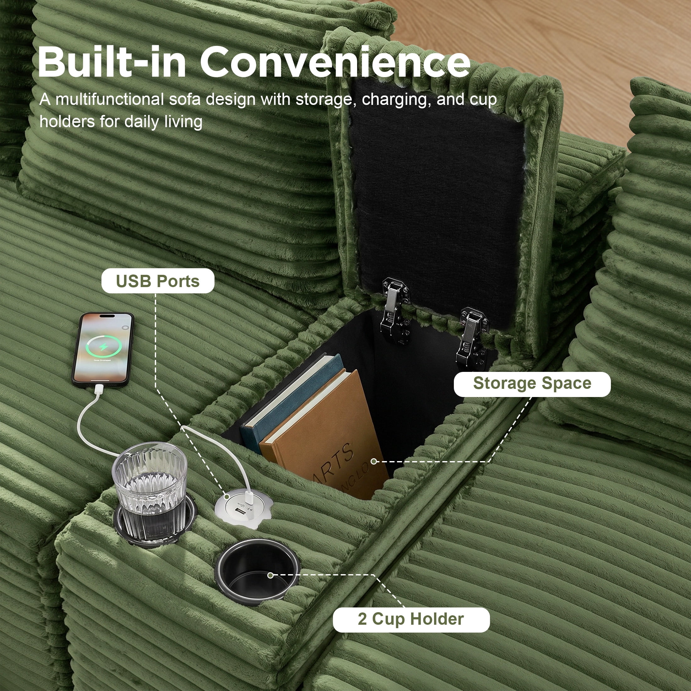 Aenkyo 127" Corduroy U-Shaped Modular Sectional Sofa with Storage Console and Cup Holder, Green