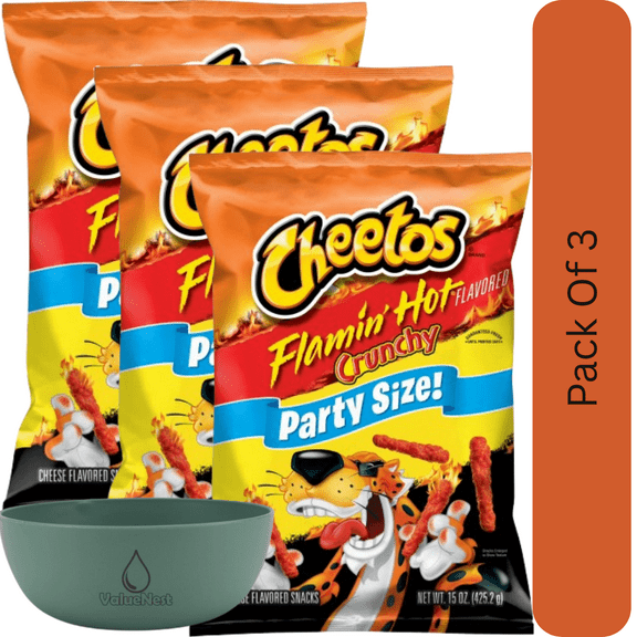 Cheetos Flamin’ Hot Crunchy Cheese Snacks, Party Size 15 oz Bag With Olive Green Bowl By ValueNest