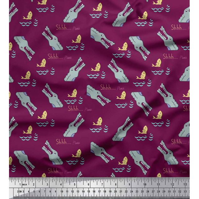 Soimoi Pink Silk Fabric Crocodile Face & Fish Ocean Decor Fabric Printed Yard 42 Inch Wide