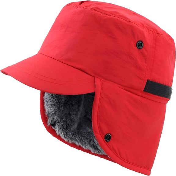 TELOLY Men's Winter Hat with Visor Warm Earflaps Hat Fully Lined Faux Fur Baseball Cap Trapper Hunting Hats