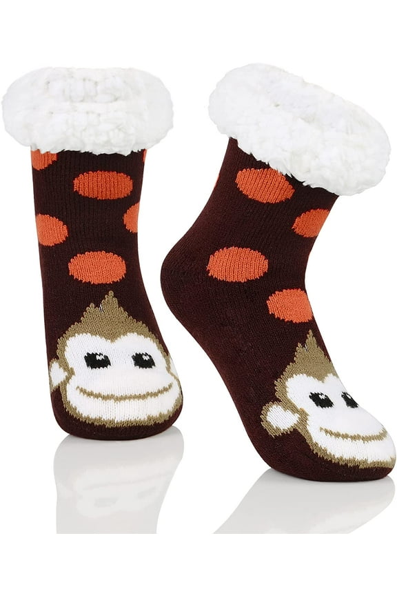 Kids Girls Boys Slipper Socks Christmas Warm Fleece Fuzzy Socks Non-Skid Children Animal Thick Grip Fluffy Socks Smile Monkey 2XL