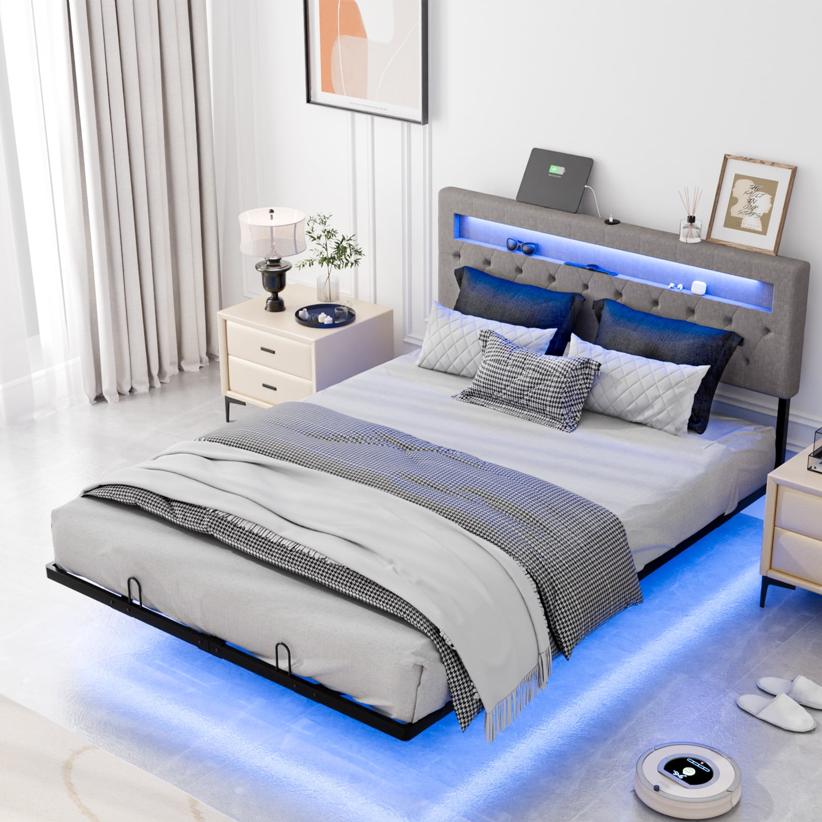 Zimtown Floating Bed Frame Queen Size Metal Platform Bed for Bedroom, No Box Spring Needed, Gray