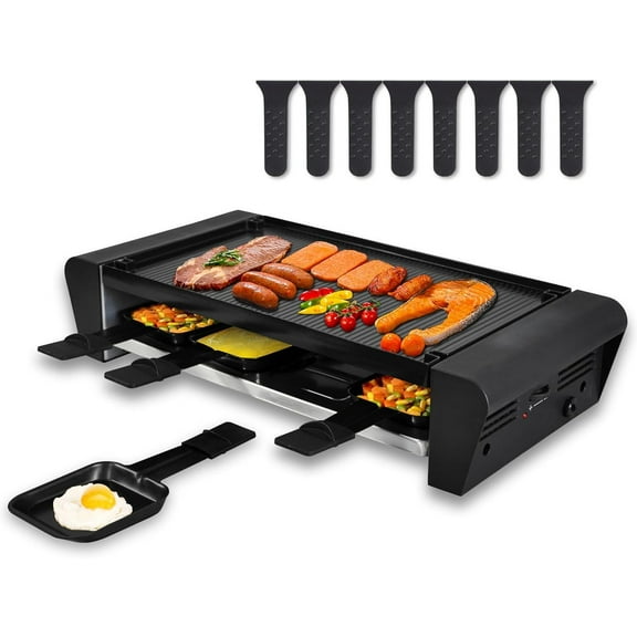 TAMARIT Raclette Table Grill for 8, 2 in 1 Small Swiss Style PFAS-No Nonstick Reversible Grill/Griddle Plate Adjustable Temperature Control 1300 W, 8 Raclette Cheese Pans Black