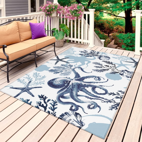 Navy Blue Octopus Nautical Outdoor Rug for Patio/Deck/Porch, Non-Slip Large Area Rug 6 x 9 Ft, Coastal Summer Ocean Coral Starfish Indoor Outdoor Rugs Washable Area Rugs, Camping Rug Carpet Runner