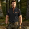 thumbnail image 6 of Henley Short Sleeve Shirt For Men Color Block Casual Contrast Trim Button Placket Tops Cotton Blend Knit Polo Shirt With Chest Pocket For Outdoor Sports And Daily Wear, 6 of 8