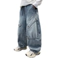 thumbnail image 2 of YMNXA Children Kids Boys Denim Pants Elastic Waist Wide Leg Straight Fit Comfortable Loose Fit Cargo Jeans Trousers With Pockets For Daily Wear,Blue,6-7 Years, 2 of 7