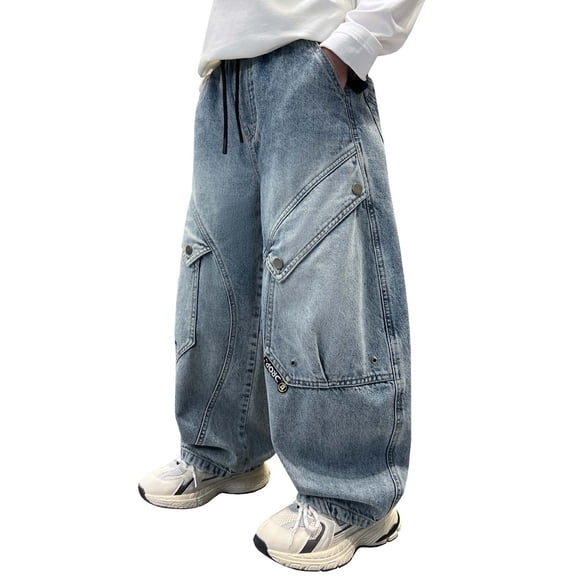 Tiijoy Boys Trendy Wide Leg Cargo Jeans Elastic Waist Denim Pants Streetwear, Sizes 6-16