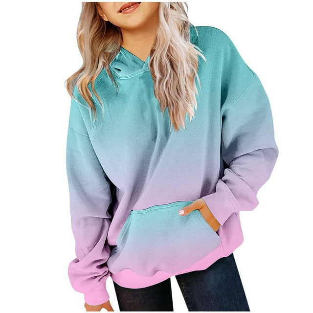 Stylish Preppy Girls Hooded Sweatshirt Oversized Long Sleeve Gradient Color Pullover