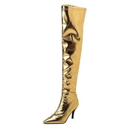 

Ediodpoh Women Metal Knee Over Boots Nightclub Steel Pipe Dance Boots Sexy High Heel Zipper Knee Over Boots Women s Boots Gold 6.5