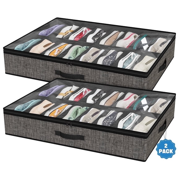 AcerichFad Under Bed Shoe Storage Organizer, 2 Pack 32 Pairs Foldable Under Bed Shoe Storage Organizer, Black