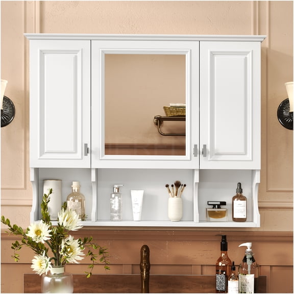 JERFIT 35x28 Inch Modern Bathroom Medicine Cabinet with Mirror, Wall Mount Storage Cabinet with Adjustable Shelves, White