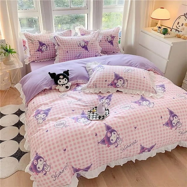 Sanrio Kuromi Cinnamoroll My melody versión coreana dulce estilo de encaje de dibujos animados sábana de algodón puro funda de edredón conjunto de tres piezas
