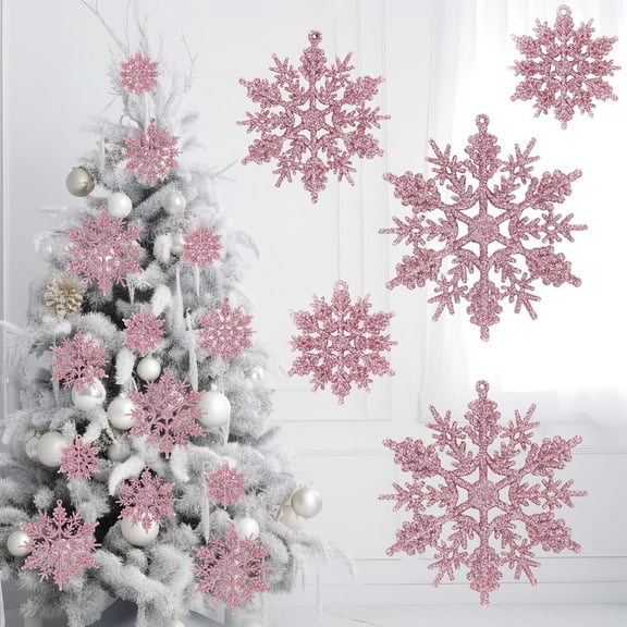 BOPORO 36Pcs Christmas Snowflake Ornaments Pink Snowflake Hanging Decor Plastic Glitter Crafts for Winter New Year Xmas Tree Party Home Decor