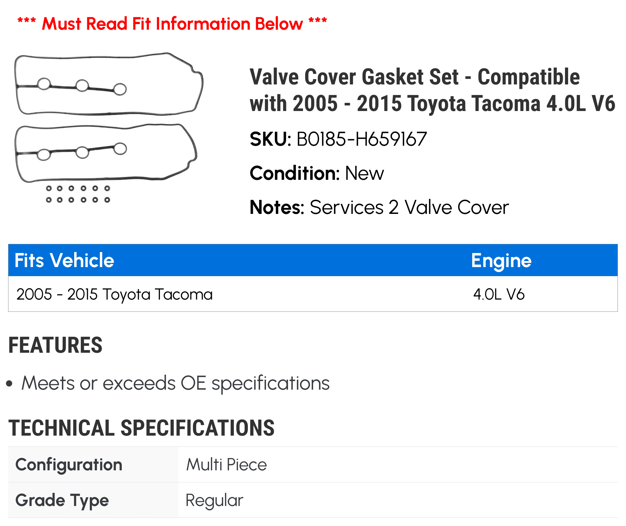 Valve Cover Gasket Set - Compatible with 2005 - 2015 Toyota Tacoma 4.0L V6 2006 2007 2008 2009 2010 2011 2012 2013 2014